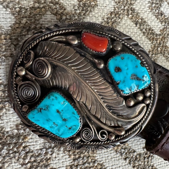 Navajo Turquoise and Red Coral Sterling Silver Belt Buckle - Picture 1 of 6